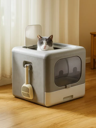 Foldable Covered Cat Litter Box with Scoop & Sifting Tray
